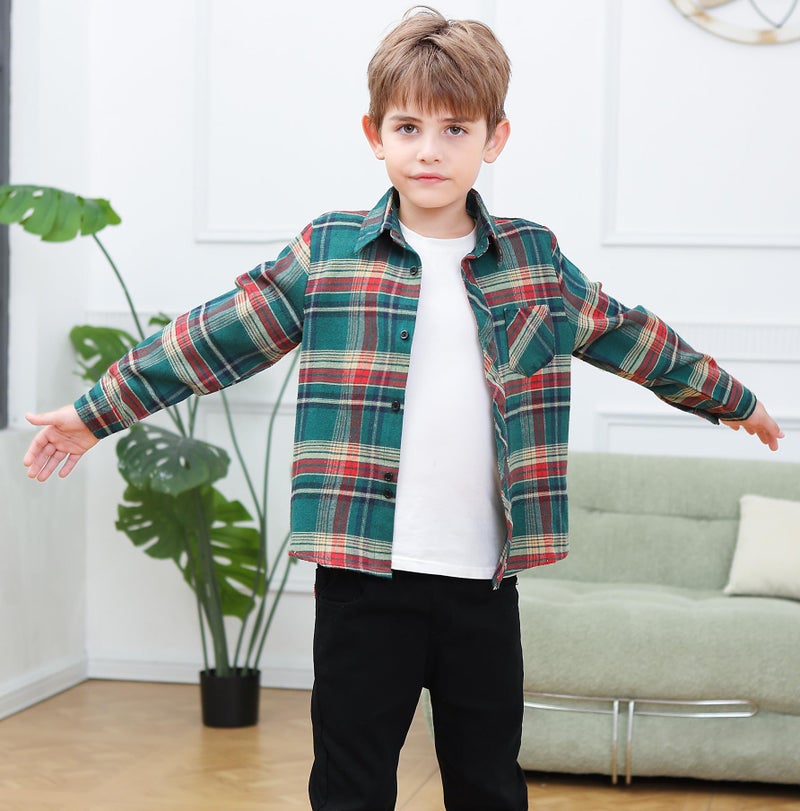 SANGTREE Boys Plaid Shirts Long Sleeve Button Down Flannel Shirt Tops Christmas Green Plaid, 14-15 Years = Tag 185 - Image 3